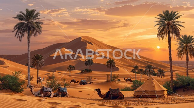 خيمة بدوية شعبية وسط الرمال، كشتة و جلسة بر شبابية، التضاريس والكثبان الذهبية الناعمة، التخييم في صحاري المملكة العربية السعودية, مخيمات سياحية في المناطق البرية، السماء وقت غروب الشمس، الجمال وتربية الحيوانات والماشية، حياة البدو في الصحراء
