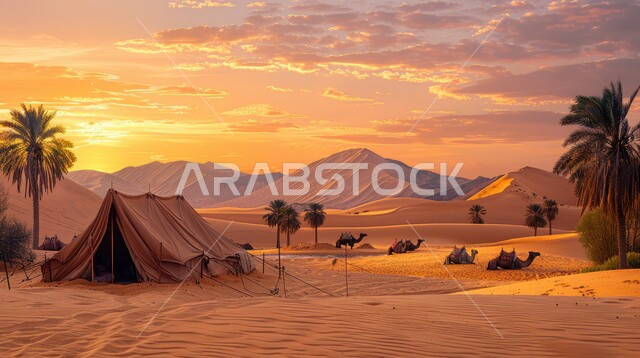 حياة البدو في الصحراء، كشتة و جلسة بر شبابية، خيمة بدوية شعبية وسط الرمال، التضاريس والكثبان الذهبية الناعمة، التخييم في صحاري المملكة العربية السعودية, مخيمات سياحية في المناطق البرية، السماء وقت غروب الشمس، الجمال وتربية الحيوانات والماشية