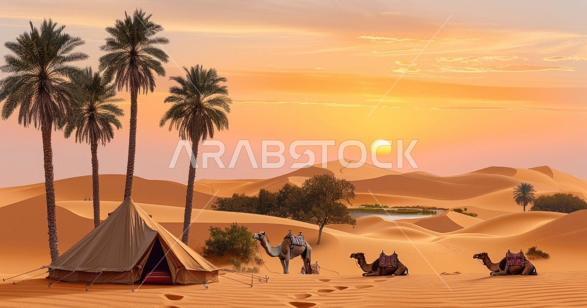 التخييم في صحاري المملكة العربية السعودية وقت غروب الشمس، خيمة بدوية شعبية وسط الرمال، كشتة و 