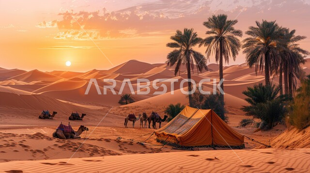 خيمة بدوية شعبية وسط الرمال، كشتة و جلسة بر شبابية،التضاريس والكثبان الذهبية الناعمة ، مخيمات سياحية في المناطق البرية، الجمال وتربية الحيوانات والماشية، حياة البدو في الصحراء، التخييم في صحاري المملكة العربية السعودية وقت غروب الشمس