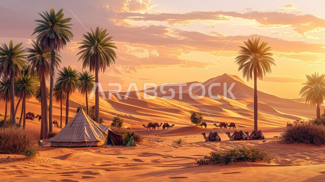 خيمة بدوية شعبية وسط الرمال، كشتة و جلسة بر شبابية،التضاريس والكثبان الذهبية الناعمة ، مخيمات سياحية في المناطق البرية، الجمال وتربية الحيوانات والماشية، حياة البدو في الصحراء، التخييم في صحاري المملكة العربية السعودية وقت غروب الشمس