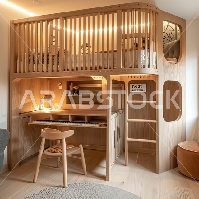 3D rendering of a wooden children’s bedroom design, modern contemporary designs, residential apartments and villas, distinct interior decorations, architectural arts and design