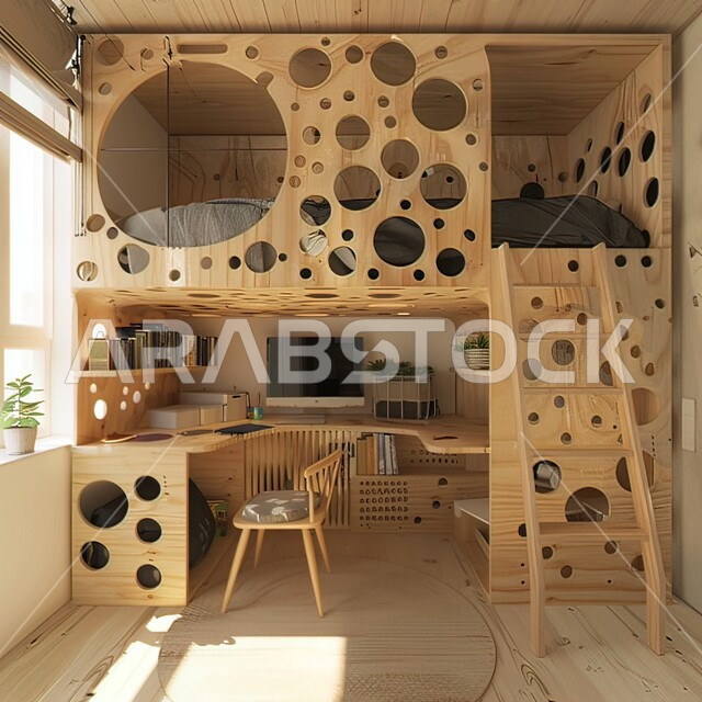 3D rendering of a wooden children’s bedroom design, modern contemporary designs, residential apartments and villas, distinct interior decorations, architectural arts and design