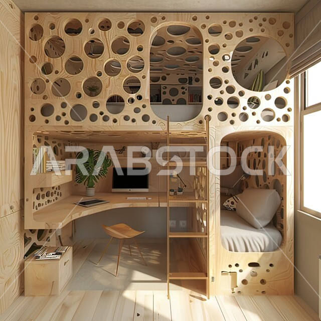 عرض ثلاثي الأبعاد لتصميم غرفة نوم أطفال خشبية، تصاميم عصرية حديثة، شقق وفلل سكنية ، ديكورات داخلية متميزة، فنون وتصميمات الهندسة المعمارية 
