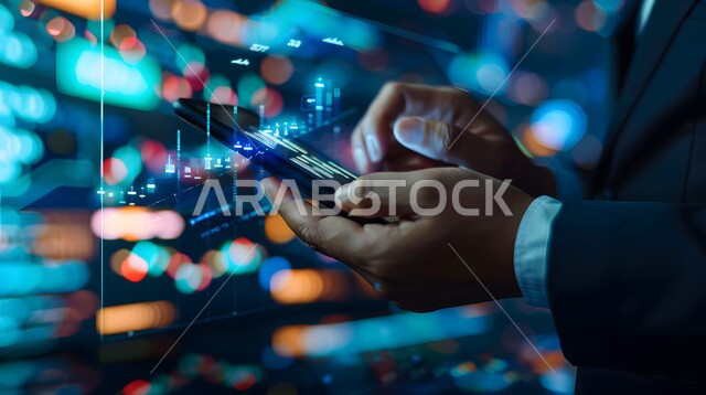 استخدام الأجهزة والتقنيات الحديثة، مفهوم الاستثمار المالي و الاقتصادي، مراقبة سوق الأوراق والاستثمارات المالية، صورة مقربة ليد رجل أعمال يمسك بيده الهاتف المحمول يقوم بمتابعة صعود وهبوط أسهم البورصة، خلفيات هولوجرامية مضيئة