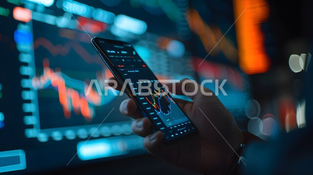 استخدام الأجهزة والتقنيات الحديثة، مفهوم الاستثمار المالي و الاقتصادي، مراقبة سوق الأوراق والاستثمارات المالية، صورة مقربة ليد رجل أعمال يمسك بيده الهاتف المحمول يقوم بمتابعة صعود وهبوط أسهم البورصة، خلفيات هولوجرامية مضيئة