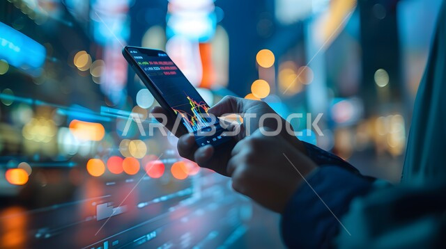 استخدام الأجهزة والتقنيات الحديثة، مفهوم الاستثمار المالي و الاقتصادي، مراقبة سوق الأوراق والاستثمارات المالية، صورة مقربة ليد رجل أعمال يمسك بيده الهاتف المحمول يقوم بمتابعة صعود وهبوط أسهم البورصة، خلفيات هولوجرامية مضيئة