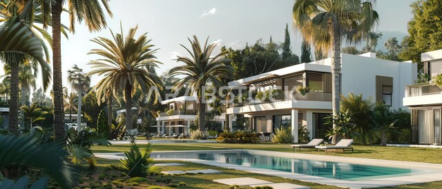 Distinctive modern designs, interest in planting palm trees and green plants, a panoramic image of the blue swimming pool in the garden of a luxury residential complex, architectural engineering arts for residential apartments and villas