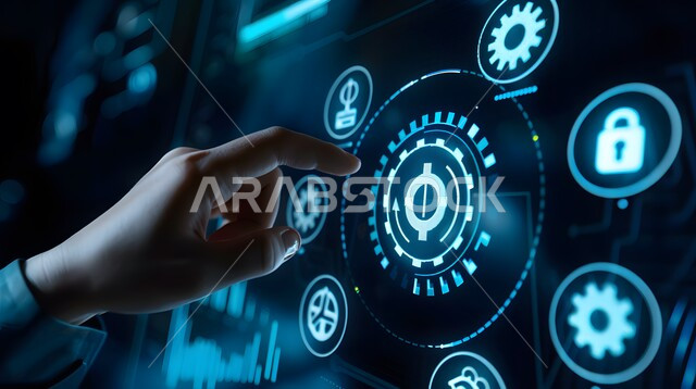 تحسين كفاءة العمل، صورة مقربة ليد رجل يقوم بلمس أيقونات التكلفة والجودة الافتراضية، استخدام التقنيات الالكترونية الحديثة، شاشات الكترونية مضيئة، عناصر ورموز هولوجرامية ثلاثية الابعاد