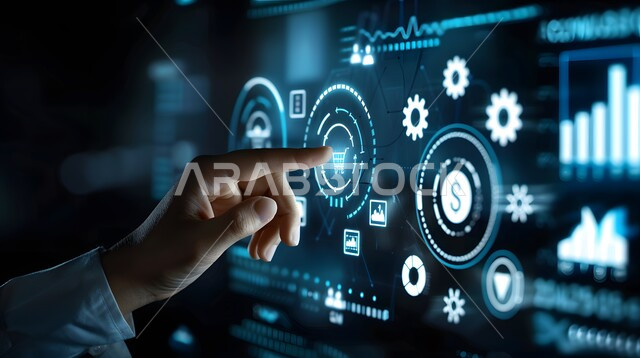 تحسين كفاءة العمل، صورة مقربة ليد رجل يقوم بلمس أيقونات التكلفة والجودة الافتراضية، استخدام التقنيات الالكترونية الحديثة، شاشات الكترونية مضيئة، عناصر ورموز هولوجرامية ثلاثية الابعاد
