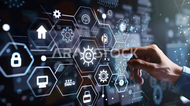 Improving work efficiency, a close-up of a man’s hand touching virtual cost and quality icons, using modern electronic technologies, illuminated electronic screens, three-dimensional holographic elements and symbols