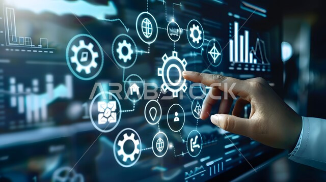 Using modern electronic technologies, improving work efficiency, a close-up of a man’s hand touching virtual cost and quality icons, illuminated electronic screens, three-dimensional holographic elements and symbols