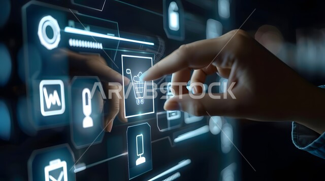 استخدام التقنيات الالكترونية الحديثة، تحسين كفاءة العمل، صورة مقربة ليد رجل يقوم بلمس أيقونات التكلفة والجودة الافتراضية، شاشات الكترونية مضيئة، عناصر ورموز هولوجرامية ثلاثية الابعاد