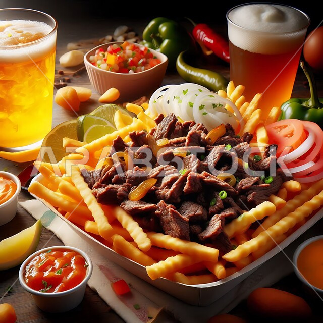 وصفات وأطعمة متميزة، فنون التقديم في مطاعم ومطابخ المملكة العربية السعودية، وجبات الطعام السريعة الشهية، المأكولات العربية الشرقية، صورة مقربة لوجبة شاورما اللحم مع الخضراوات الطازجة وأصابع البطاطا المقلية بجانب الصوصات