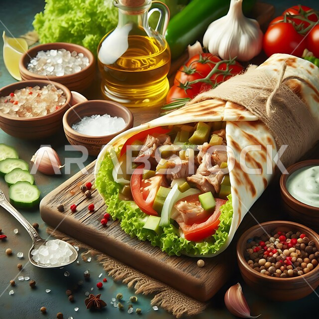 المأكولات العربية الشرقية، صورة مقربة لساندويش شاورما الدجاج مع الخضراوات الطازجة، وجبات الطعام السريعة الشهية، فنون التقديم في مطاعم ومطابخ المملكة العربية السعودية، وصفات وأطعمة متميزة