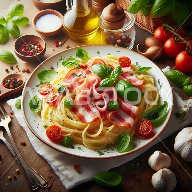A plate of pasta with small pieces of tomatoes and cold meat decorated with green basil leaves, Eastern Asian dishes and meals, a meal of delicious pasta, fast food restaurants, artistic methods of serving spaghetti in Saudi kitchens
