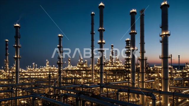 إضاءة الأبراج والهياكل المعدنية في وقت الليل, مصانع ومعامل النفط في المملكة العربية السعودية, مفهوم هندسة البترول في دول الخليج, مصفاة تكرير النفط والغاز, صناعات ومشاريع بتروكيماوية، النهضة بالاقتصاد الوطني السعودي, مستودعات وخزانات كبيرة وضخمة