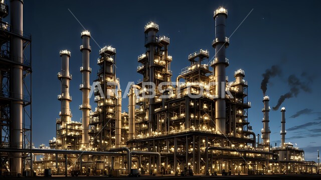  مستودعات وخزانات كبيرة وضخمة، إضاءة الأبراج والهياكل المعدنية في وقت الليل, مصانع ومعامل النفط في المملكة العربية السعودية, مفهوم هندسة البترول في دول الخليج, مصفاة تكرير النفط والغاز, صناعات ومشاريع بتروكيماوية، النهضة بالاقتصاد الوطني السعودي