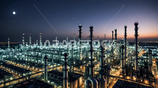 Large and massive warehouses and tanks, lighting towers and metal structures at night, oil factories and laboratories in the Kingdom of Saudi Arabia, the concept of petroleum engineering in the Gulf countries, oil and gas refineries, petrochemical industries and projects, the renaissance of the Saudi national economy