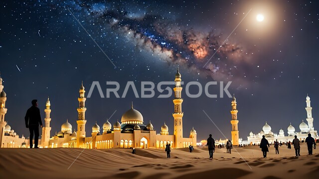 مسجد مضيء في وقت الليل، تصميم مميز لقبب ومآذن المساجد المبنية في الصحراء، توافد المسلمين لأداء الصلاة والعبادات والتقرب إلى الله، الفن الهندسي المعماري للمساجد المبنية على الطراز الحديث، منظر طبيعي للنجوم المتناثره في السماء ليلاً 
