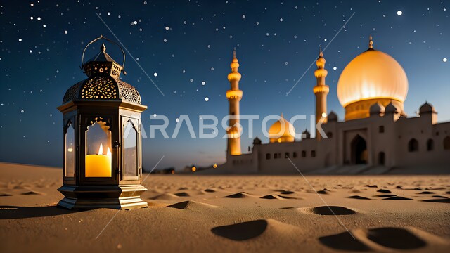 فانوس معدني مضيء على الرمال الذهبية في وقت الليل، تصميم مميز لقبب ومآذن المساجد المبنية في الصحراء، مكان أداء العبادات والصلوات، الفن الهندسي المعماري للمساجد المبنية على الطراز الحديث، منظر طبيعي للنجوم المتناثره في السماء ليلاً 