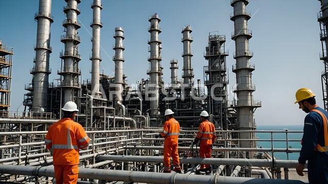 العمل في مجال هندسة البترول, مصفاة تكرير النفط والغاز, مجموعة من العمال العرب الخليجين السعوديين يرتدون البدلة الواقية وخوذة الحماية يقومون بإصلاح الآلات والمعدات في معامل ومصانع النفط في المملكة العربية السعودية، خطوط الأنابيب الممتدة من أعماق البحر للمصافي