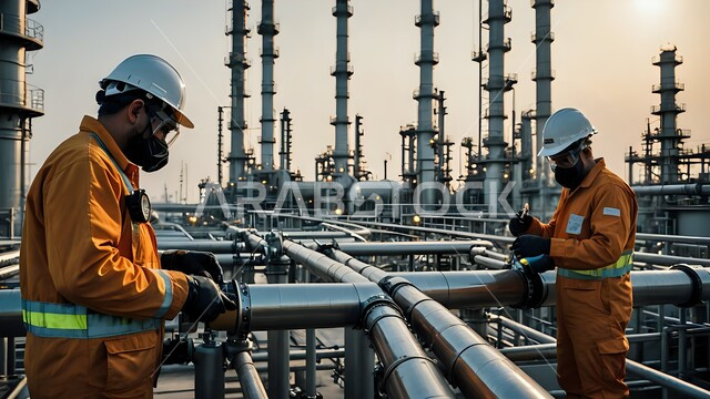 العمل في مجال هندسة البترول, مصفاة تكرير النفط والغاز, مجموعة من العمال العرب الخليجين السعوديين يرتدون البدلة الواقية وخوذة الحماية يقومون بإصلاح الآلات والمعدات في معامل ومصانع النفط في المملكة العربية السعودية، خطوط الأنابيب الممتدة من أعماق البحر للمصافي