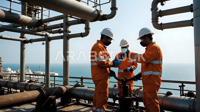 مصفاة تكرير النفط والغاز, العمل في مجال هندسة البترول, عمال عرب خليجيون سعوديون يرتدون البدلة الواقية وخوذة الحماية يقومون بإصلاح وتقييم جودة الآلات والمعدات في معامل ومصانع النفط في المملكة العربية السعودية، خطوط الأنابيب الممتدة من أعماق البحر للمصافي
