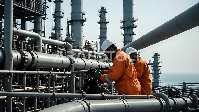 مصفاة تكرير النفط والغاز, العمل في مجال هندسة البترول, عمال عرب خليجيون سعوديون يرتدون البدلة الواقية وخوذة الحماية يقومون بإصلاح وتقييم جودة الآلات والمعدات في معامل ومصانع النفط في المملكة العربية السعودية، خطوط الأنابيب الممتدة من أعماق البحر للمصافي