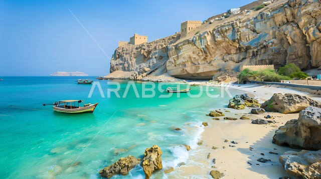 الواجهة البحرية للمملكة العربية السعودية, تدفق مياه البحر الصافية على رمال الشاطئ الذهبي, وجهات جذب السياح والزوار من حول العالم, التشكلات والتكونات الصخرية للحصن على المنحدر, القوارب الخشبية للرحلات والجولات البحرية, أماكن الطبيعة الهادئة والاستجمام