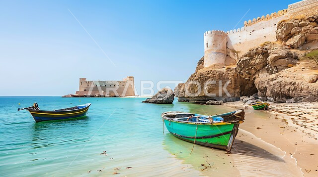 الواجهة البحرية للملكة العربية السعودية, تدفق مياه البحر الصافية على رمال الشاطئ الذهبي, وجهات جذب السياح والزوار من حول العالم, التشكلات والتكونات الصخرية للحصن على المنحدر, القوارب الخشبية للرحلات والجولات البحرية, أماكن الطبيعة الهادئة والاستجمام 