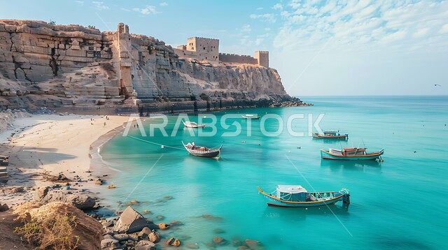 الواجهة البحرية للملكة العربية السعودية, تدفق مياه البحر الصافية على رمال الشاطئ الذهبي, وجهات جذب السياح والزوار من حول العالم, التشكلات والتكونات الصخرية للحصن على المنحدر, القوارب الخشبية للرحلات والجولات البحرية, أماكن الطبيعة الهادئة والاستجمام 