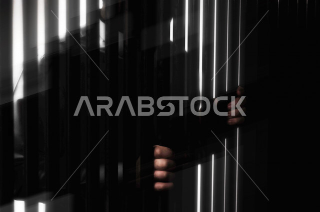تصوير مقرب ليد سجين عربي خليجي سعودي يمسك القضبان الحديدية ، رجل سعودي داخل السجن ، سجين ينتظر الحرية ، الشعور بالندم والوحدة 