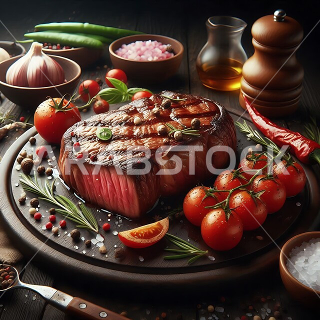  وجبة ذات قيمة غذائية عالية، مطاعم للمأكولات العربية الشرقية، اللحوم البقرية المشوية الشهية، وصفات المطبخ السعودي الغني بالنكهات، أطعمة غنية بالبروتين، صورة مقربة لستيك اللحم مع الخضار المطبوخة والتوابل