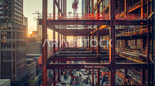 مفهوم الهندسة الانشائية والمعمارية, الآلات والمعدات الثقيلة والرافعات والسقالات العالية, مبنى قيد الانشاء في المملكة العربية السعودية, أعمال البناء وصب الخرسانات ووضع الأساسات, تنفيذ مخطط الإعمار وتشكيل الهيكل المعدني, برج تحت التشييد باستخدام الآليات الحديثة