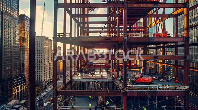 The concept of structural and architectural engineering, heavy machinery and equipment, cranes and high scaffolding, a building under construction in the Kingdom of Saudi Arabia, construction work, pouring concrete and laying foundations, implementing the reconstruction plan and forming the metal structure, a tower under construction using modern mechanisms