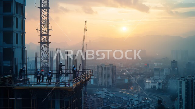 الآلات والمعدات الثقيلة والرافعات والسقالات العالية, مفهوم الهندسة الانشائية والمعمارية, مبنى قيد الانشاء في المملكة العربية السعودية, أعمال البناء وصب الخرسانات ووضع الأساسات, تنفيذ مخطط الإعمار وتشكيل الهيكل المعدني, برج تحت التشييد باستخدام الآليات الحديثة