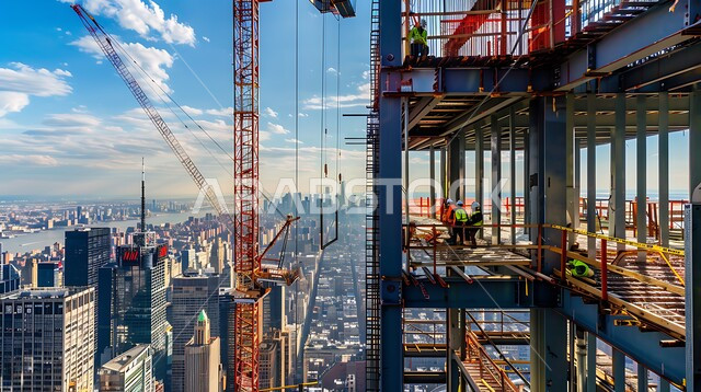 الآلات والمعدات الثقيلة والرافعات والسقالات العالية, مفهوم الهندسة الانشائية والمعمارية, مبنى قيد الانشاء في المملكة العربية السعودية, أعمال البناء وصب الخرسانات ووضع الأساسات, تنفيذ مخطط الإعمار وتشكيل الهيكل المعدني, برج تحت التشييد باستخدام الآليات الحديثة