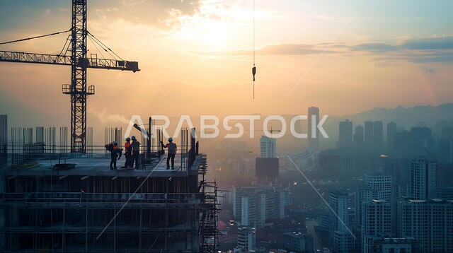 الآلات والمعدات الثقيلة والرافعات والسقالات العالية, مفهوم الهندسة الانشائية والمعمارية, مبنى قيد الانشاء في المملكة العربية السعودية, أعمال البناء وصب الخرسانات ووضع الأساسات, تنفيذ مخطط الإعمار وتشكيل الهيكل المعدني, برج تحت التشييد باستخدام الآليات الحديثة