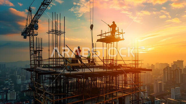 الآلات والمعدات الثقيلة والرافعات والسقالات العالية, مفهوم الهندسة الانشائية والمعمارية, مبنى قيد الانشاء في المملكة العربية السعودية, أعمال البناء وصب الخرسانات ووضع الأساسات, تنفيذ مخطط الإعمار وتشكيل الهيكل المعدني, برج تحت التشييد باستخدام الآليات الحديثة