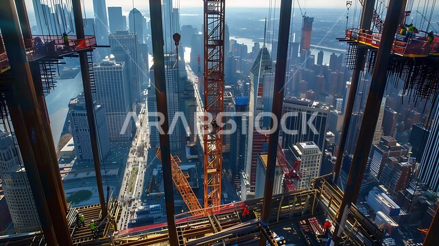 مبنى قيد الانشاء في المملكة العربية السعودية, الآلات والمعدات الثقيلة والرافعات والسقالات العالية, مفهوم الهندسة الانشائية والمعمارية, أعمال البناء وصب الخرسانات ووضع الأساسات, تنفيذ مخطط الإعمار وتشكيل الهيكل المعدني, برج تحت التشييد باستخدام الآليات الحديثة