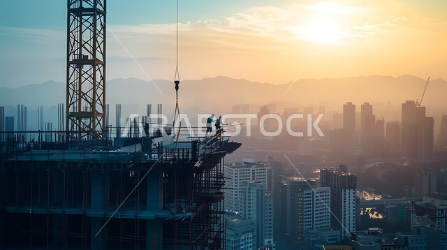 أعمال البناء وصب الخرسانات ووضع الأساسات, مبنى قيد الانشاء في المملكة العربية السعودية, الآلات والمعدات الثقيلة والرافعات والسقالات العالية, مفهوم الهندسة الانشائية والمعمارية, تنفيذ مخطط الإعمار وتشكيل الهيكل المعدني, برج تحت التشييد باستخدام الآليات الحديثة