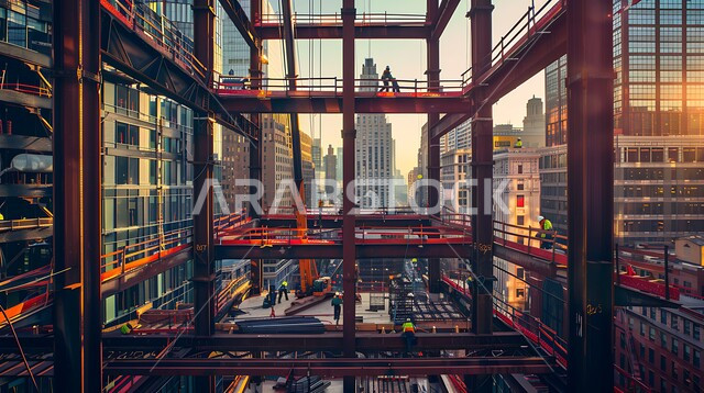 أعمال البناء وصب الخرسانات ووضع الأساسات, مبنى قيد الانشاء في المملكة العربية السعودية, الآلات والمعدات الثقيلة والرافعات والسقالات العالية, مفهوم الهندسة الانشائية والمعمارية, تنفيذ مخطط الإعمار وتشكيل الهيكل المعدني, برج تحت التشييد باستخدام الآليات الحديثة