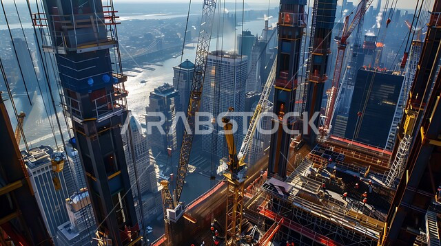 أعمال البناء وصب الخرسانات ووضع الأساسات, مبنى قيد الانشاء في المملكة العربية السعودية, الآلات والمعدات الثقيلة والرافعات والسقالات العالية, مفهوم الهندسة الانشائية والمعمارية, تنفيذ مخطط الإعمار وتشكيل الهيكل المعدني, برج تحت التشييد باستخدام الآليات الحديثة