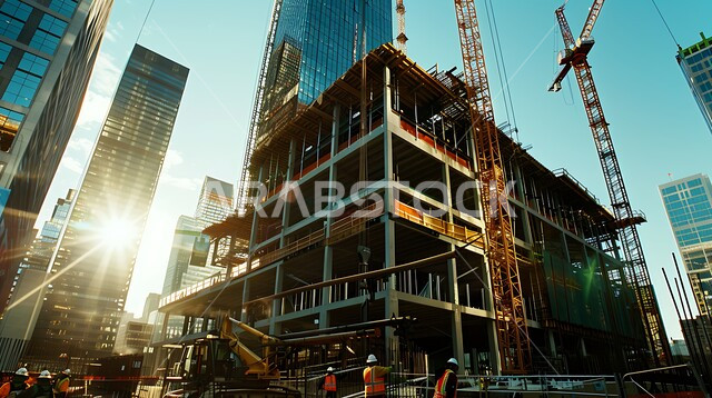 أعمال البناء وصب الخرسانات ووضع الأساسات, مبنى قيد الانشاء في المملكة العربية السعودية, الآلات والمعدات الثقيلة والرافعات والسقالات العالية, مفهوم الهندسة الانشائية والمعمارية, تنفيذ مخطط الإعمار وتشكيل الهيكل المعدني, برج تحت التشييد باستخدام الآليات الحديثة