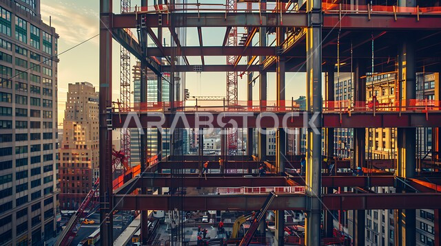 Implementing the reconstruction plan and forming the metal structure, construction work, pouring concrete and laying foundations, a building under construction in the Kingdom of Saudi Arabia, heavy machinery and equipment, cranes and high scaffolding, the concept of structural and architectural engineering, a tower under construction using modern mechanisms