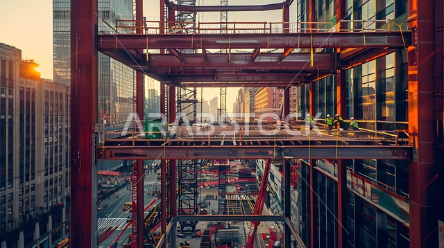 Implementing the reconstruction plan and forming the metal structure, construction work, pouring concrete and laying foundations, a building under construction in the Kingdom of Saudi Arabia, heavy machinery and equipment, cranes and high scaffolding, the concept of structural and architectural engineering, a tower under construction using modern mechanisms