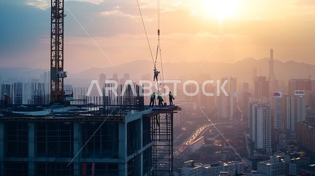 Implementing the reconstruction plan and forming the metal structure, construction work, pouring concrete and laying foundations, a building under construction in the Kingdom of Saudi Arabia, heavy machinery and equipment, cranes and high scaffolding, the concept of structural and architectural engineering, a tower under construction using modern mechanisms
