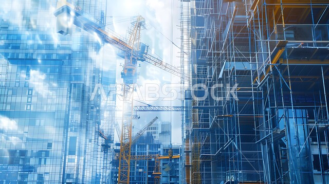 Building the main façade and implementing the reconstruction plan by forming the basic structure of the building, a skyscraper under construction in the Kingdom of Saudi Arabia, heavy machinery and equipment, cranes and high scaffolding, the concept of structural and architectural engineering, a tower under construction using modern mechanisms