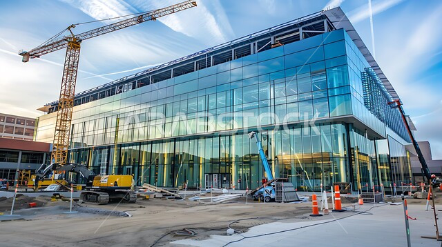 Building the main façade and implementing the reconstruction plan by forming the basic structure of the building, a skyscraper under construction in the Kingdom of Saudi Arabia, heavy machinery and equipment, cranes and high scaffolding, the concept of structural and architectural engineering, a tower under construction using modern mechanisms